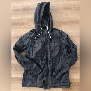 H&M Woman’s Divided Zip-Up Utility Coat w/ Hood Black Gray, Size: L- EUC